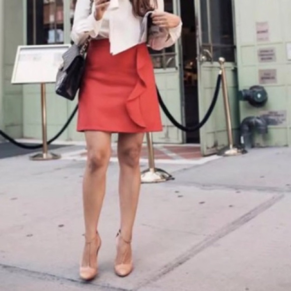 J. Crew Ruffle Mini Skirt Double Serge Wool Size 12 Red Spring Office Preppy